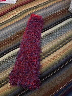 Fuzzy Hand-Knit Scarf in Red and Purple